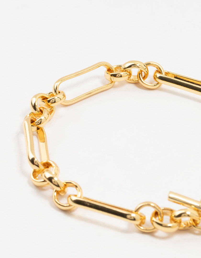 Gold Plated Brass Rectangular Link With Coin Bracelet
