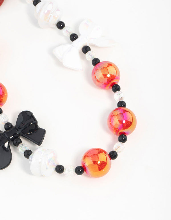 Red, White & Black Pearl & Bow Heart Keychain