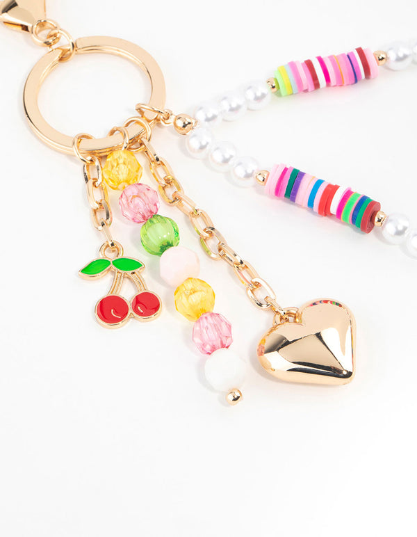 Multicoloured Beaded Heart & Cherry Keychain
