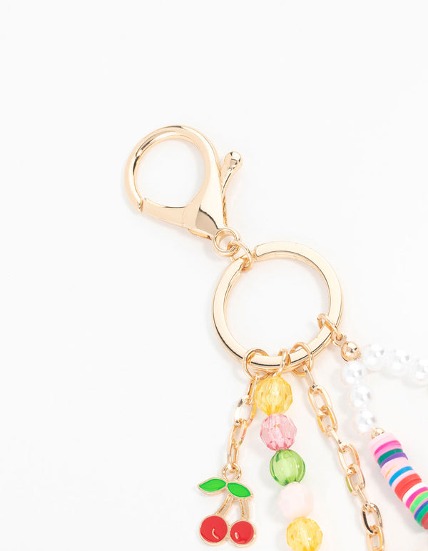 Multicoloured Beaded Heart & Cherry Keychain