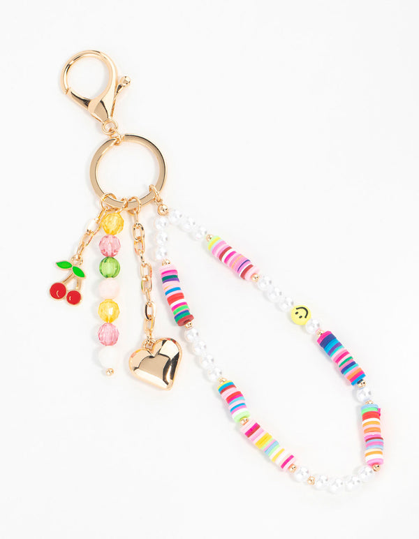Multicoloured Beaded Heart & Cherry Keychain
