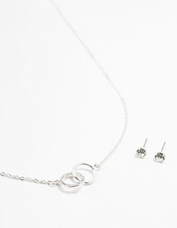 Silver Linked Circle Necklace & Stud Earrings Set