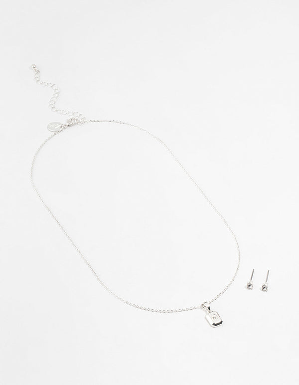 Silver Rectangular Diamante Necklace & Stud Earrings Set