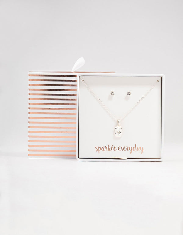 Silver Rectangular Diamante Necklace & Stud Earrings Set
