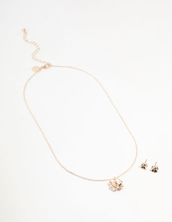 Rose Gold Diamante Flower Necklace & Stud Earrings Set