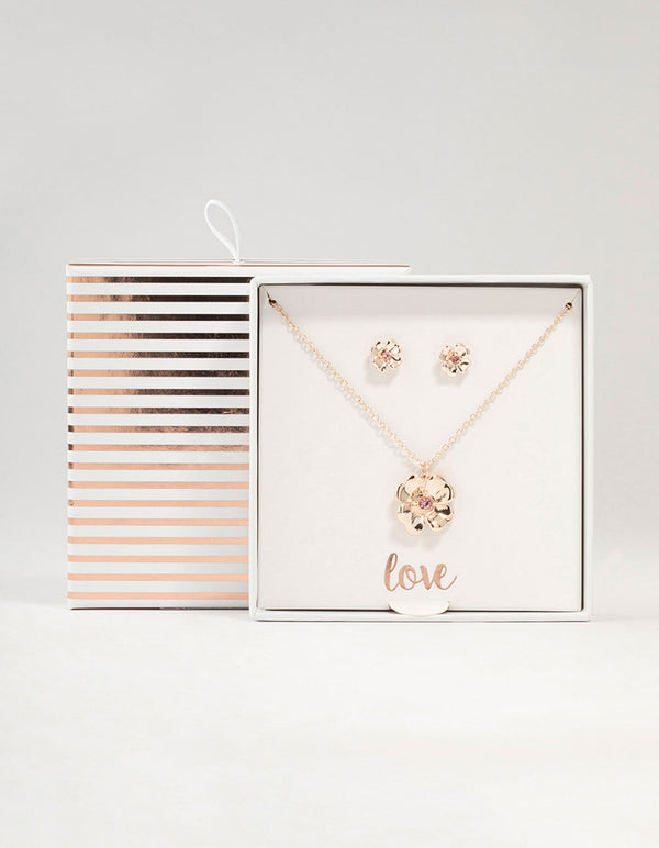Rose Gold Diamante Flower Necklace & Stud Earrings Set