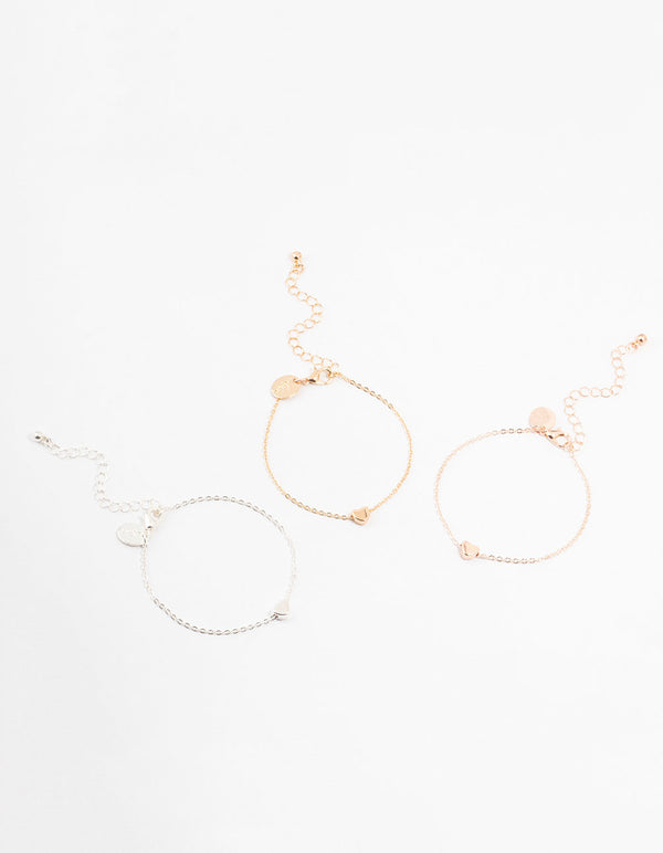 Mixed Metals Solid Heart Bracelets 3-Pack
