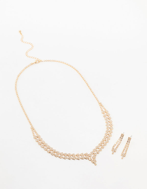 Gold Cubic Zirconia 2 Row Necklace and Earrings Set