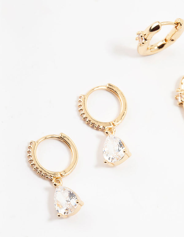 Gold Square & Cubic Zirconia Drop Hoop Earrings Pack