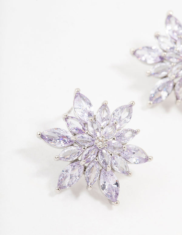 Silver Purple Cubic Zirconia Flower Stud Earrings