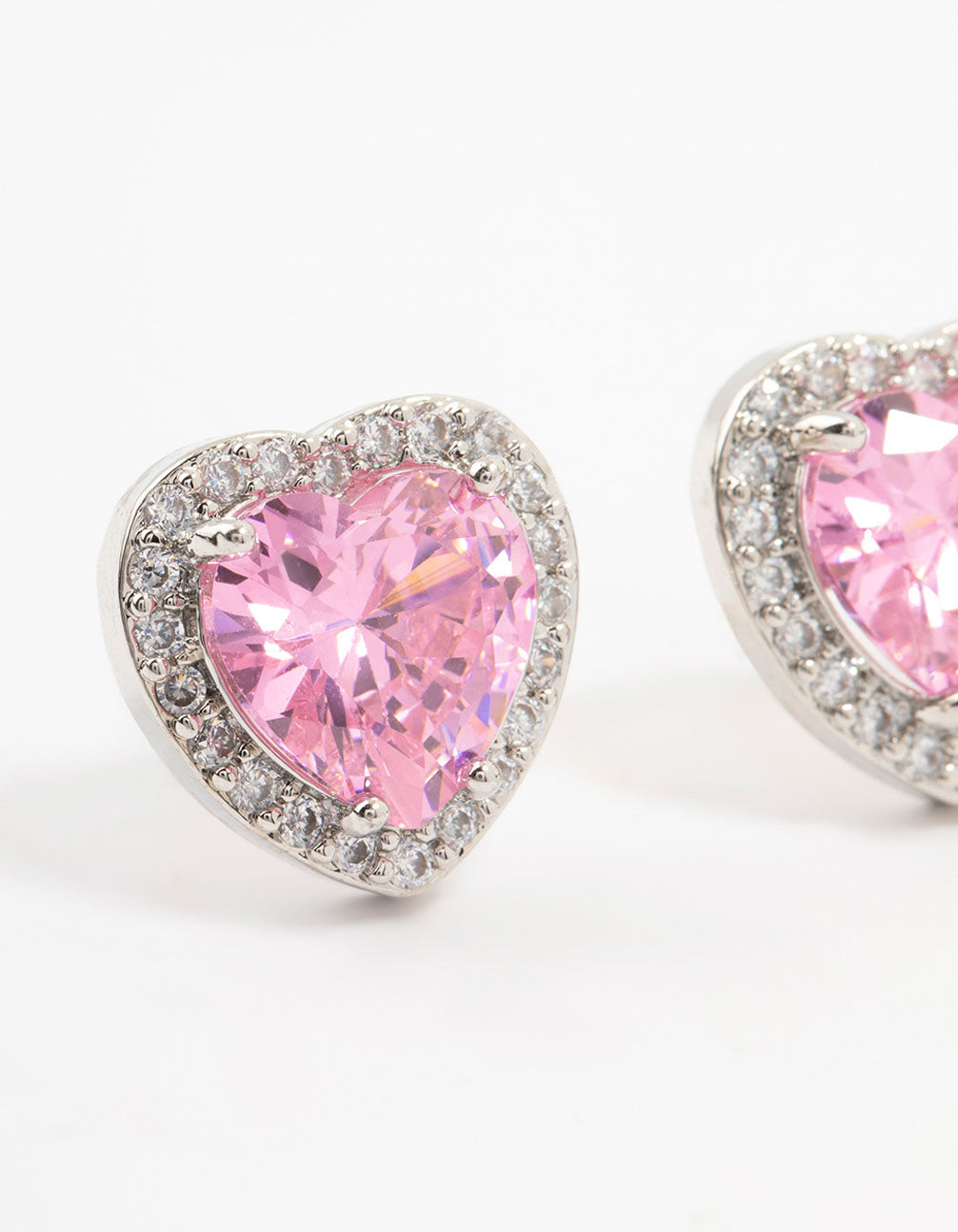 Silver Pink Cubic Zirconia Heart Stud Earrings