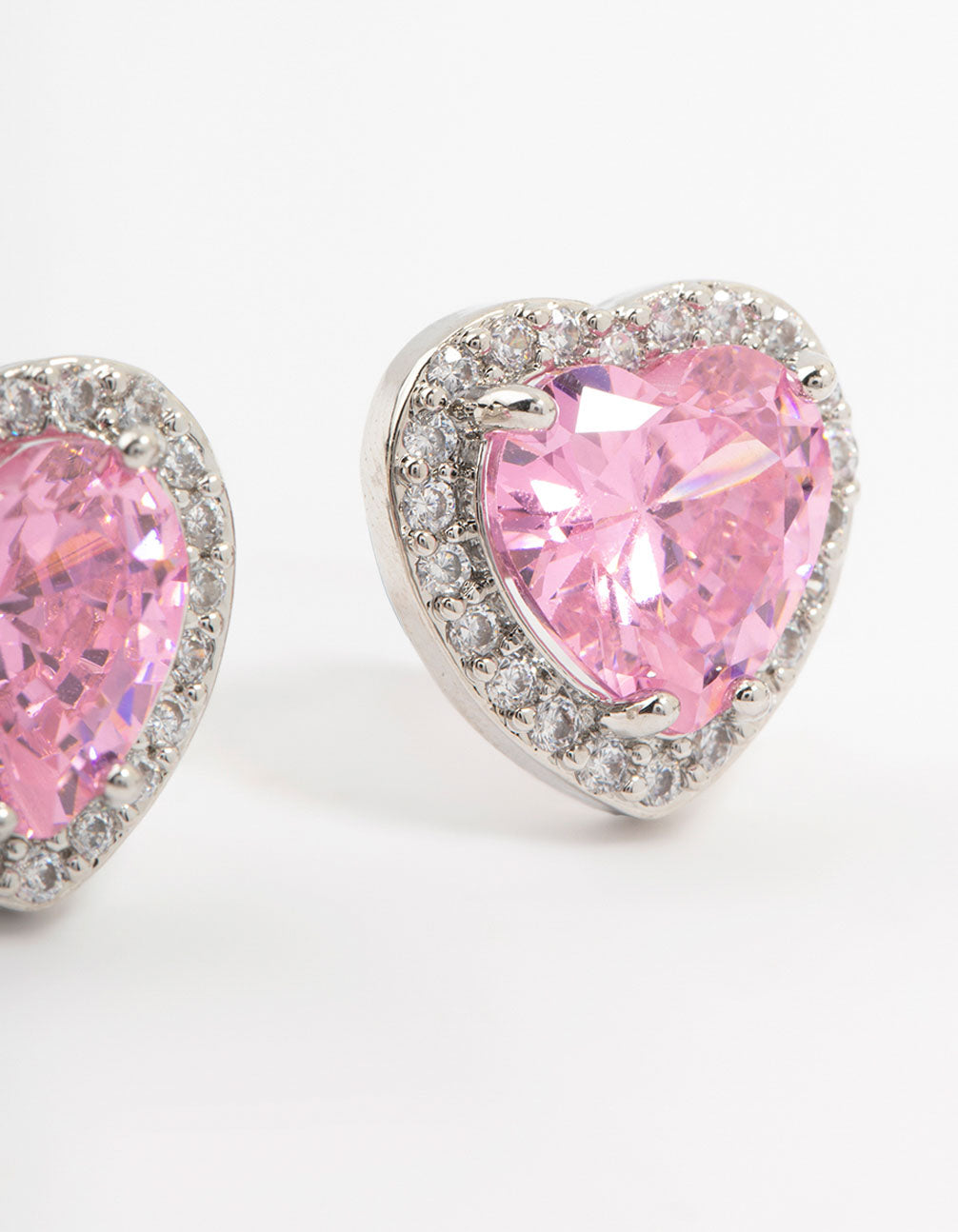 Silver Pink Cubic Zirconia Heart Stud Earrings