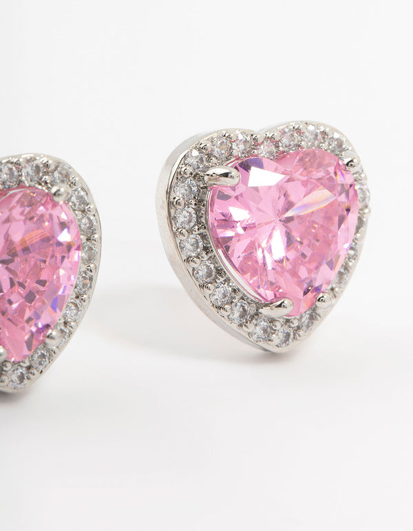 Silver Pink Cubic Zirconia Heart Stud Earrings