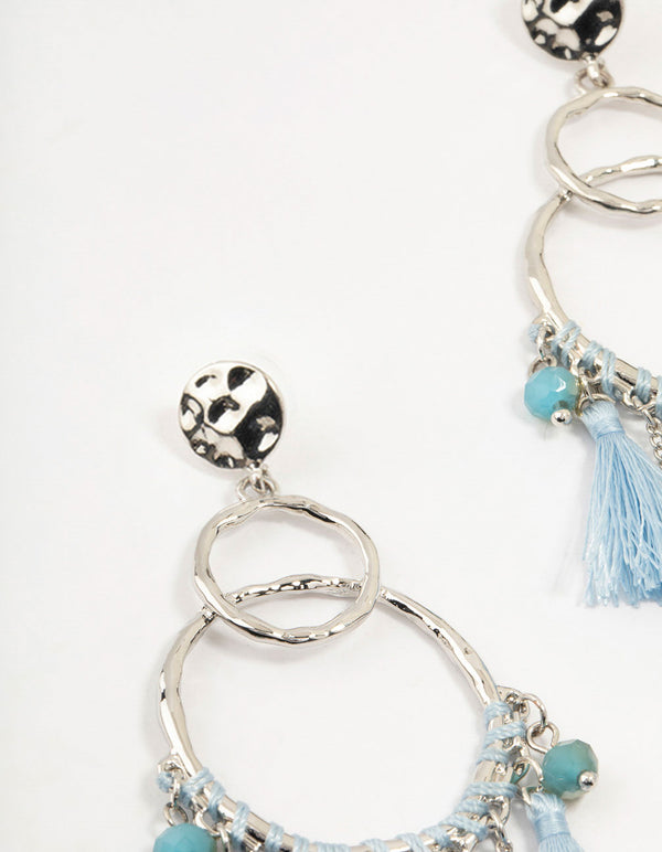 Silver Light Blue Feather Dream Catcher Drop Earrings
