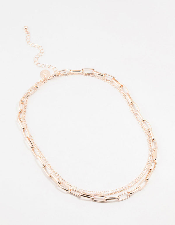 Rose Gold Diamante Medium Chain Short Necklace