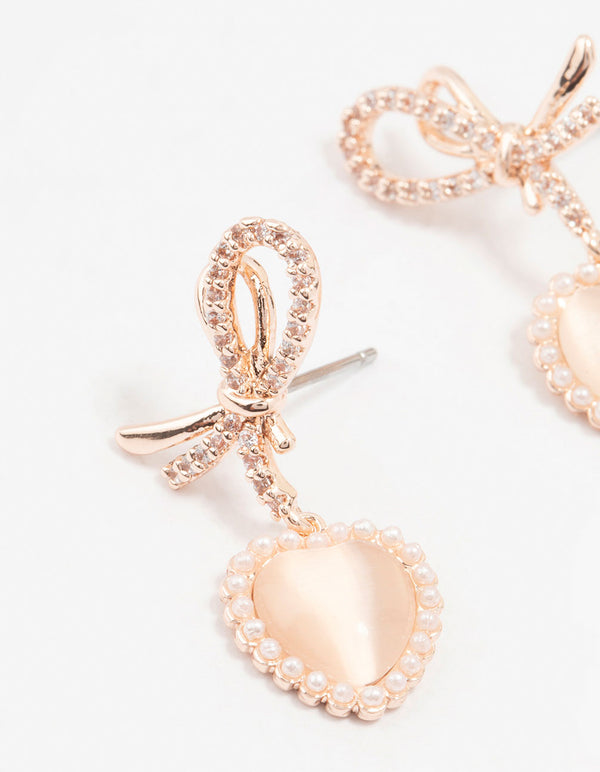 Rose Gold Plated Pearl Halo Heart Drop Earrings