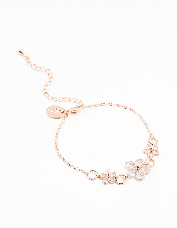 Rose Gold Plated Large Cubic Zirconia Flower Station Bracelet