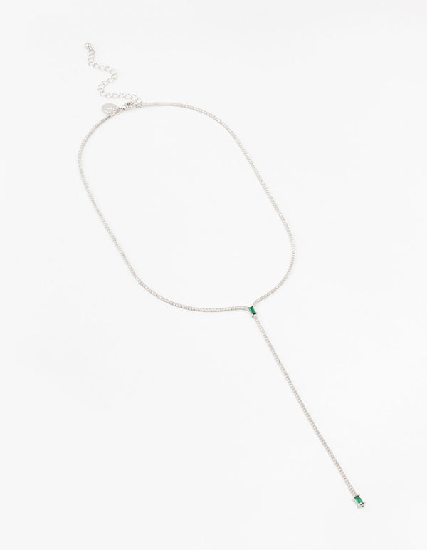 Silver Emerald Cubic Zirconia Lariat Necklace