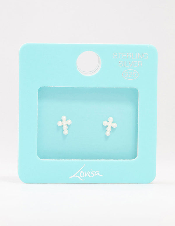 Sterling Silver Pearl Cross Stud Earrings