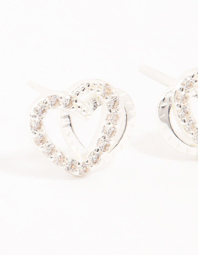 Sterling Silver Cubic Zirconia Heart Link Stud Earrings