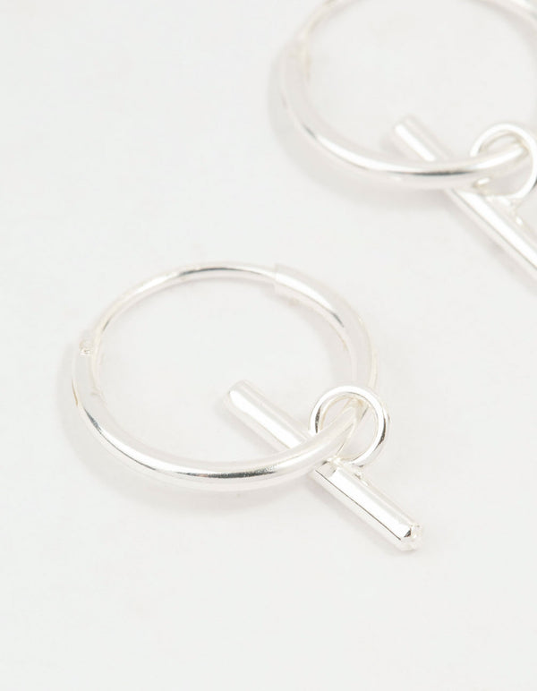 Sterling Silver Clean T Bar Drop Hoop Earrings