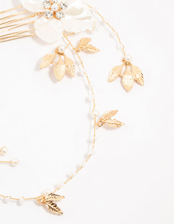 Gold Pearlised Flower Trio Draped Comb Head Piece
