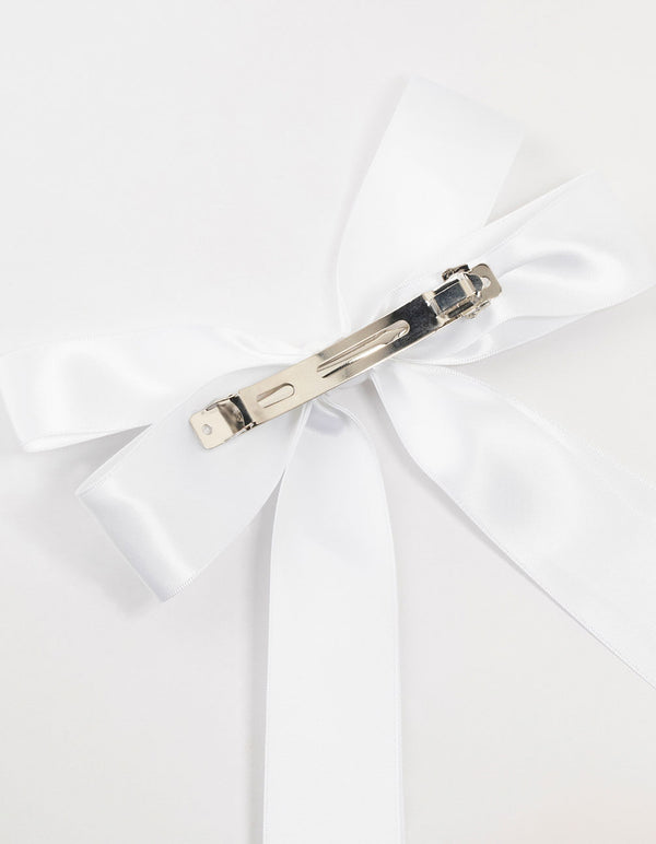 White Fabric Oversized Ribbon Bow Clip