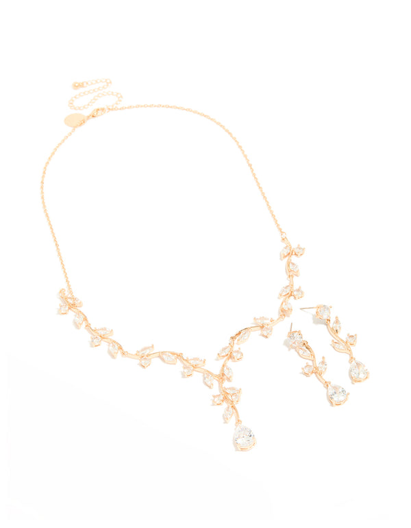 Gold Creeping Crystal Roses Necklace & Earrings Set
