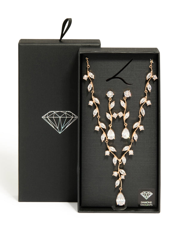 Gold Creeping Crystal Roses Necklace & Earrings Set