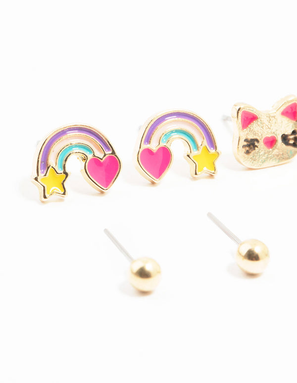 Kids Gold Cat Celestial Stud Earrings Pack