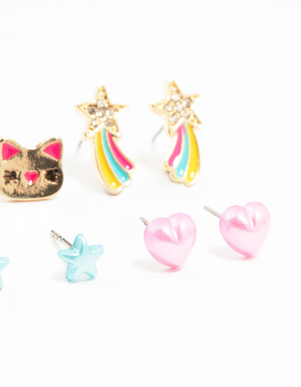 Kids Gold Cat Celestial Stud Earrings Pack