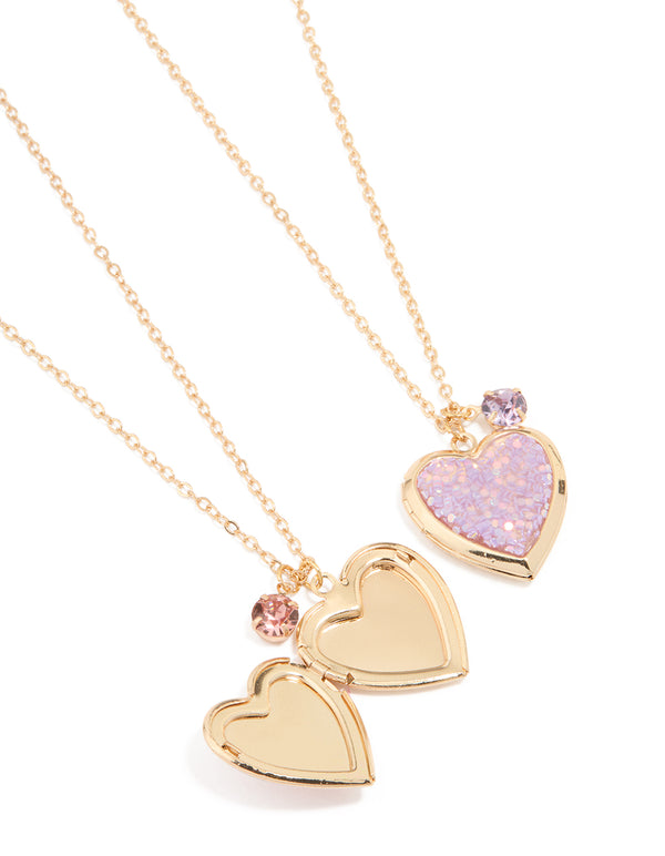 Gold Pink Sprinkle Heart Locket Necklaces 2-Pack