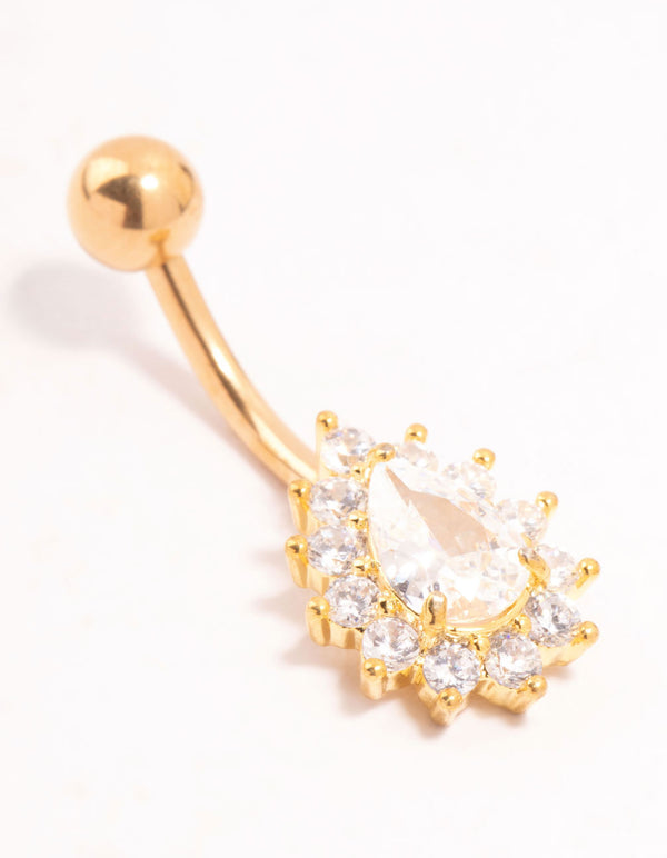 Gold Plated Titanium Cubic Zirconia Spiked Pear Belly Bar