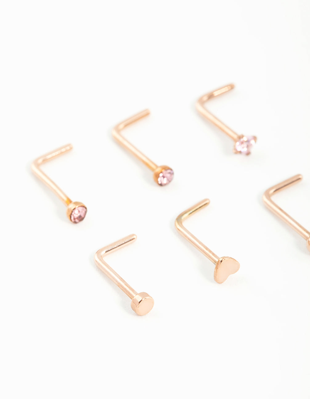 Rose Gold Plated Surgical Steel Heart & Diamante Nose Studs 6-Pack