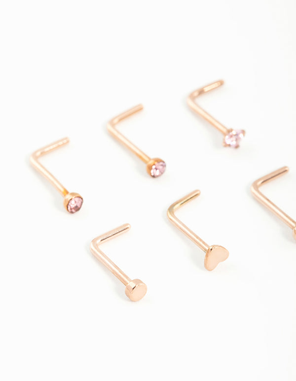 Rose Gold Plated Surgical Steel Heart & Diamante Nose Studs 6-Pack