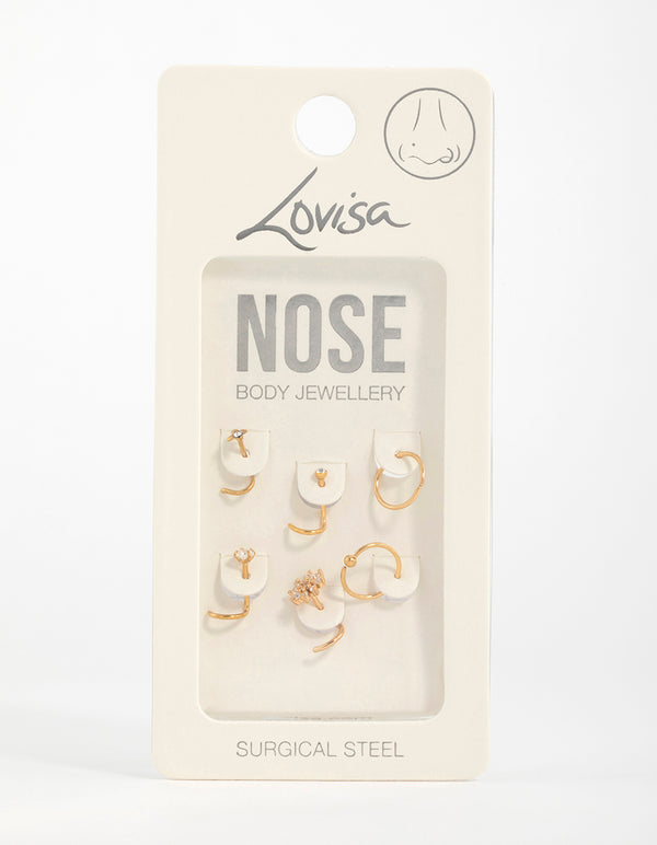 Gold Plated Surgical Steel Cubic Zirconia Flower Nose Ring & Stud 6-Pack