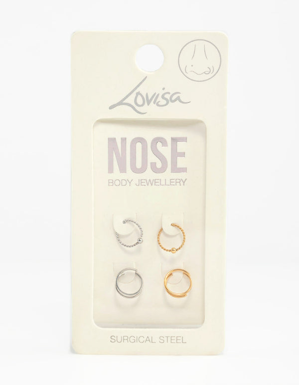 Mixed Metals Rope & Spiral Nose Rings 4-Pack
