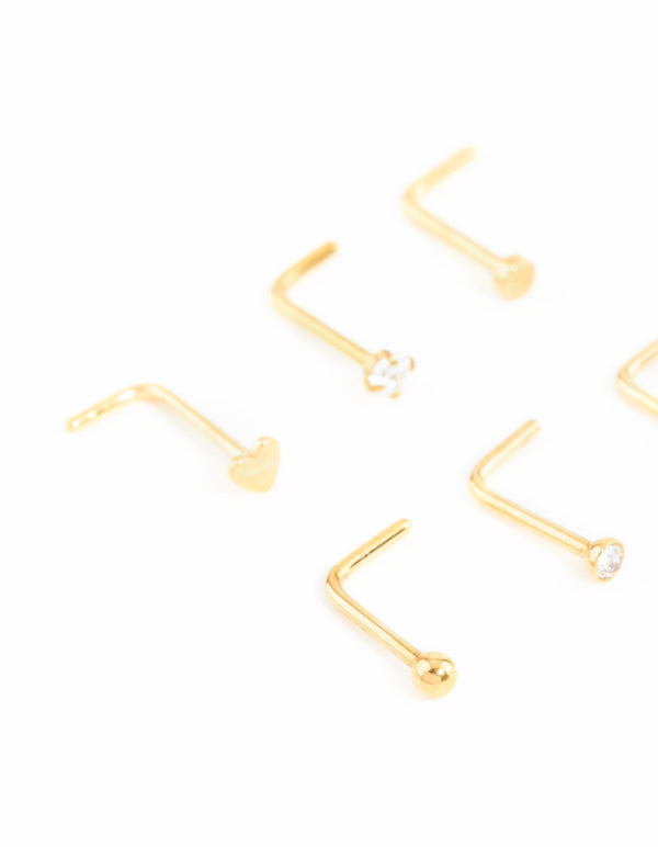 Gold Plated Surgical Steel Heart Cubic Zirconia Nose Studs 6-Pack