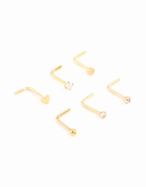 Gold Plated Surgical Steel Heart Cubic Zirconia Nose Studs 6-Pack