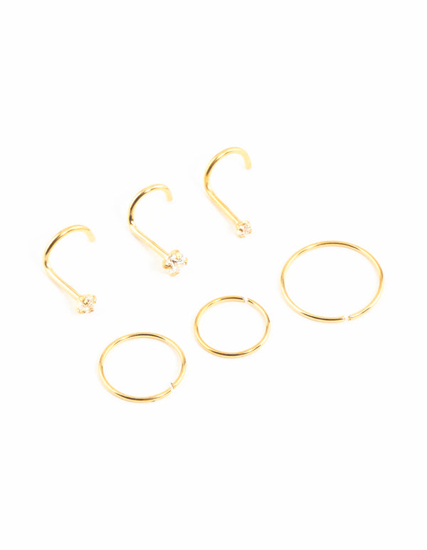 Gold Plated Surgical Steel Cubic Zirconia Nose Stud & Rings 6-Pack