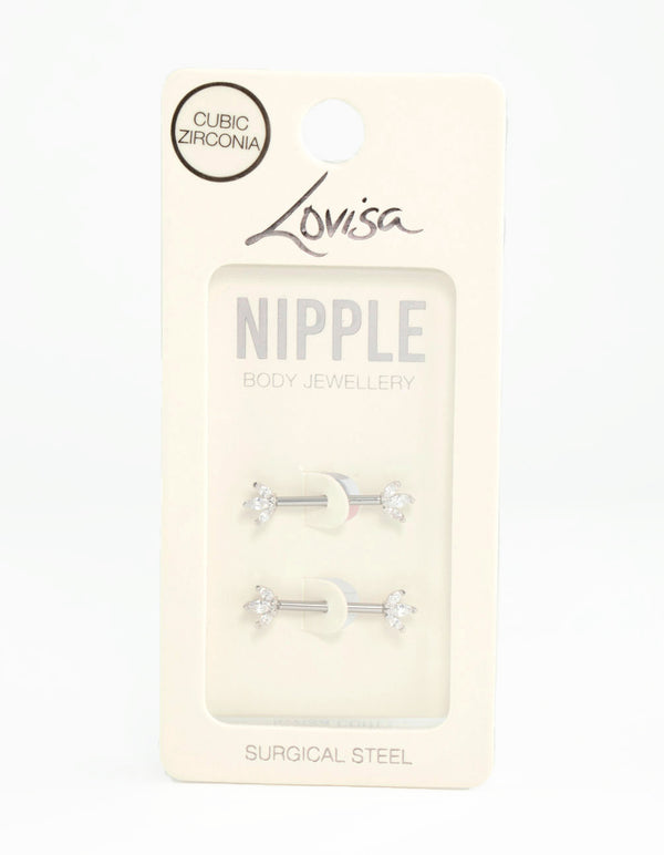 Surgical Steel Cubic Zirconia Fan Nipple Bars 2-Pack