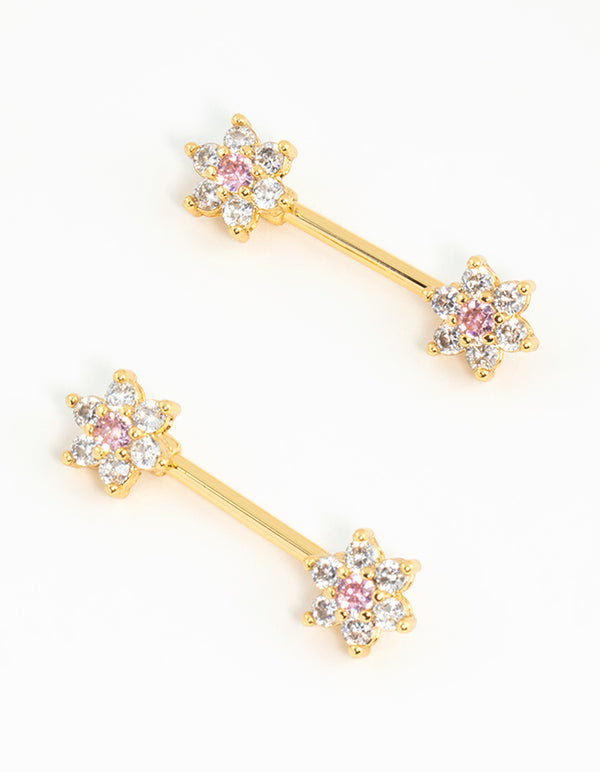 Gold Plated Surgical Steel Cubic Zirconia Flower Nipple Bars 2-Pack