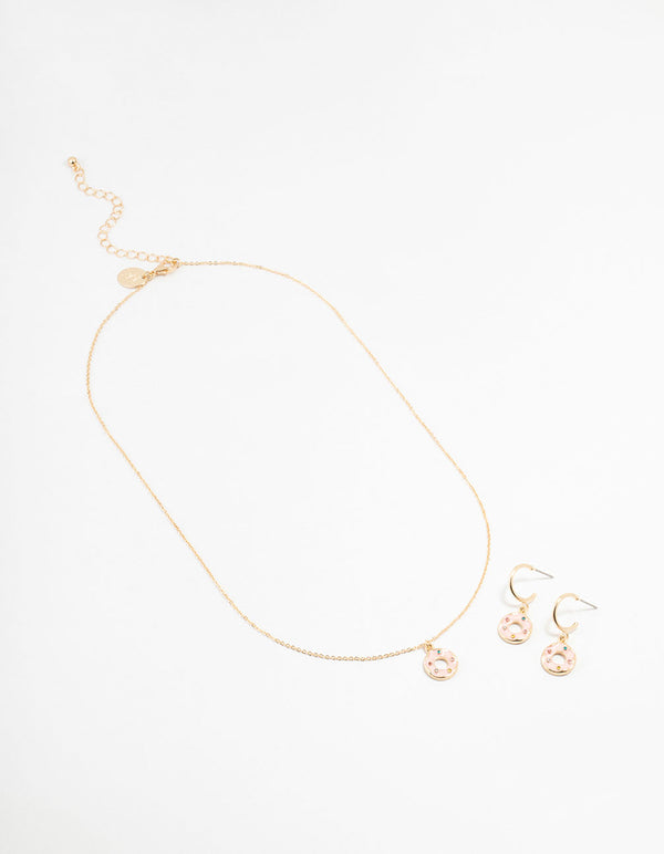 Gold Enamel Donut Necklace & Earrings Set