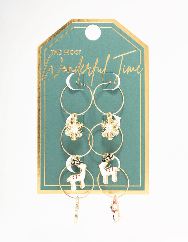 Gold Reindeer & Winter Charms Hoop Earrings 3-Pack