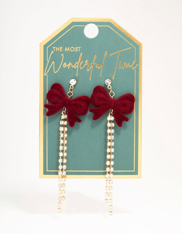 Burgundy Bow Diamante Cup Chain Gold Drop Earrings