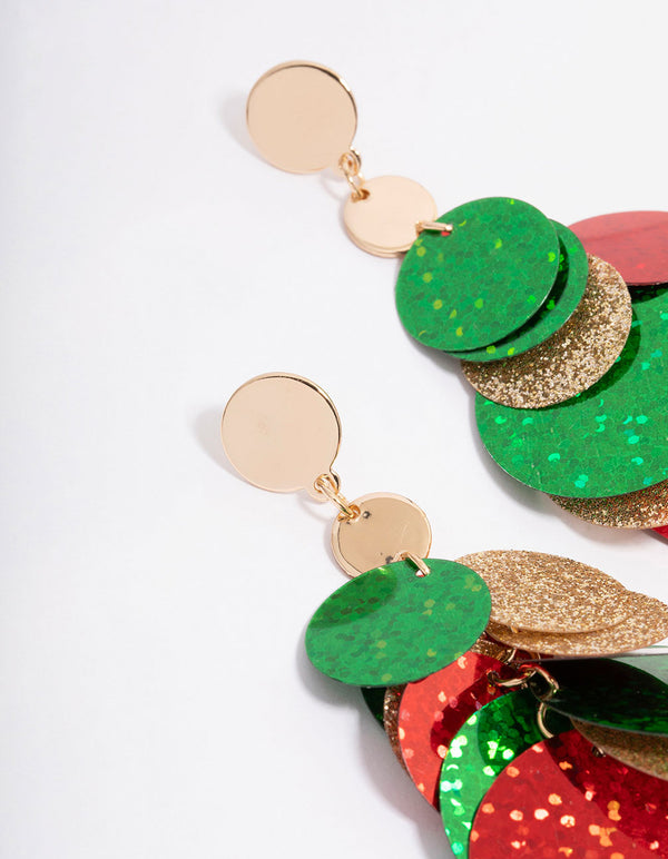 Green & Red Layered Sequin Discs Drop Earrings