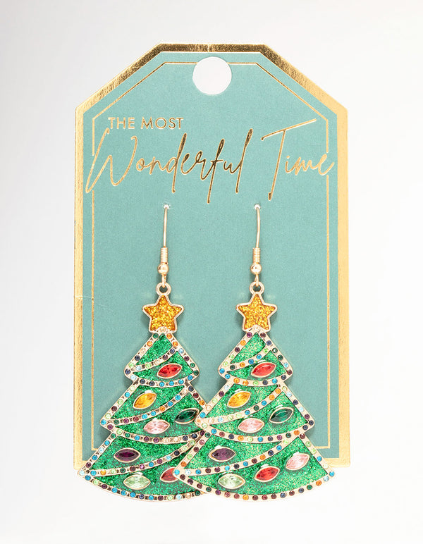 Green Enamel Tree Drop Earrings