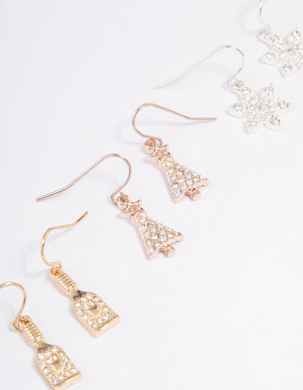 Mixed Metals Snowflake, Wine Bottle & Tree Earrings 3-Pack