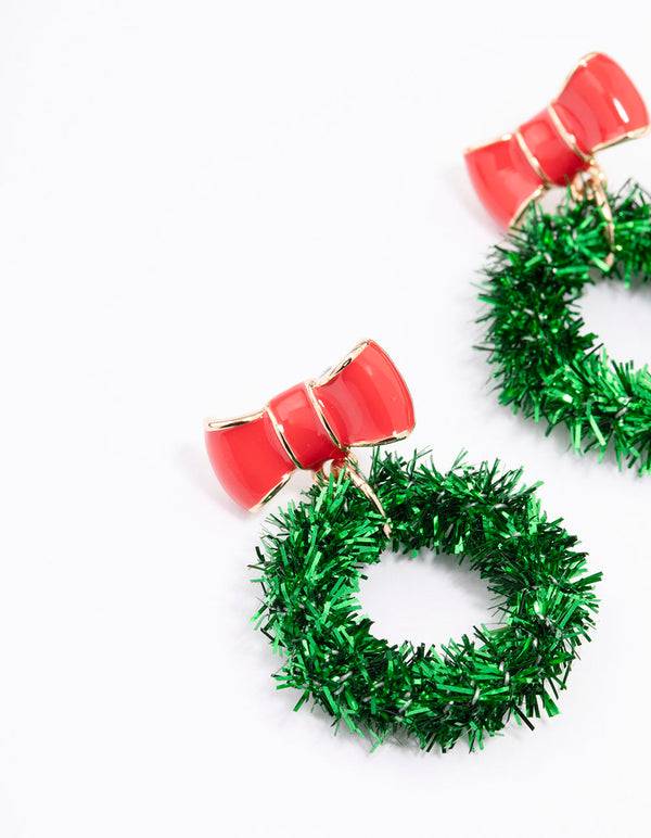Green Tinsel Wreath Drop Earrings