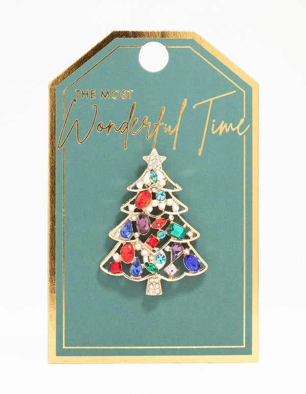 Gold Multicoloured Diamante Baubles Tree Brooch